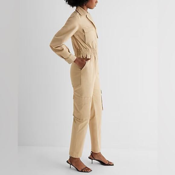 New SZ 8 express 1 PC Utility Straight Leg Chino Jumpsuit tan khaki cargo - Picture 3 of 4